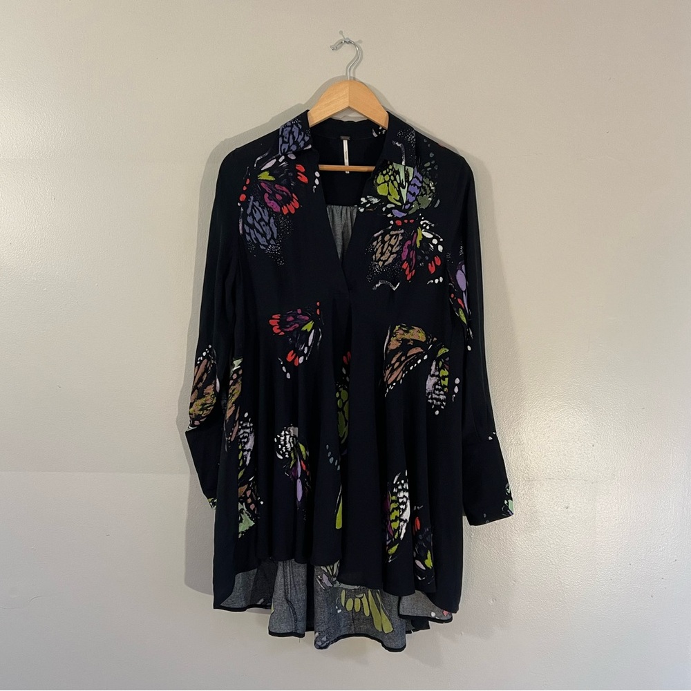 Free people boho whimsygoth black multicolored butterfly tunic dress small